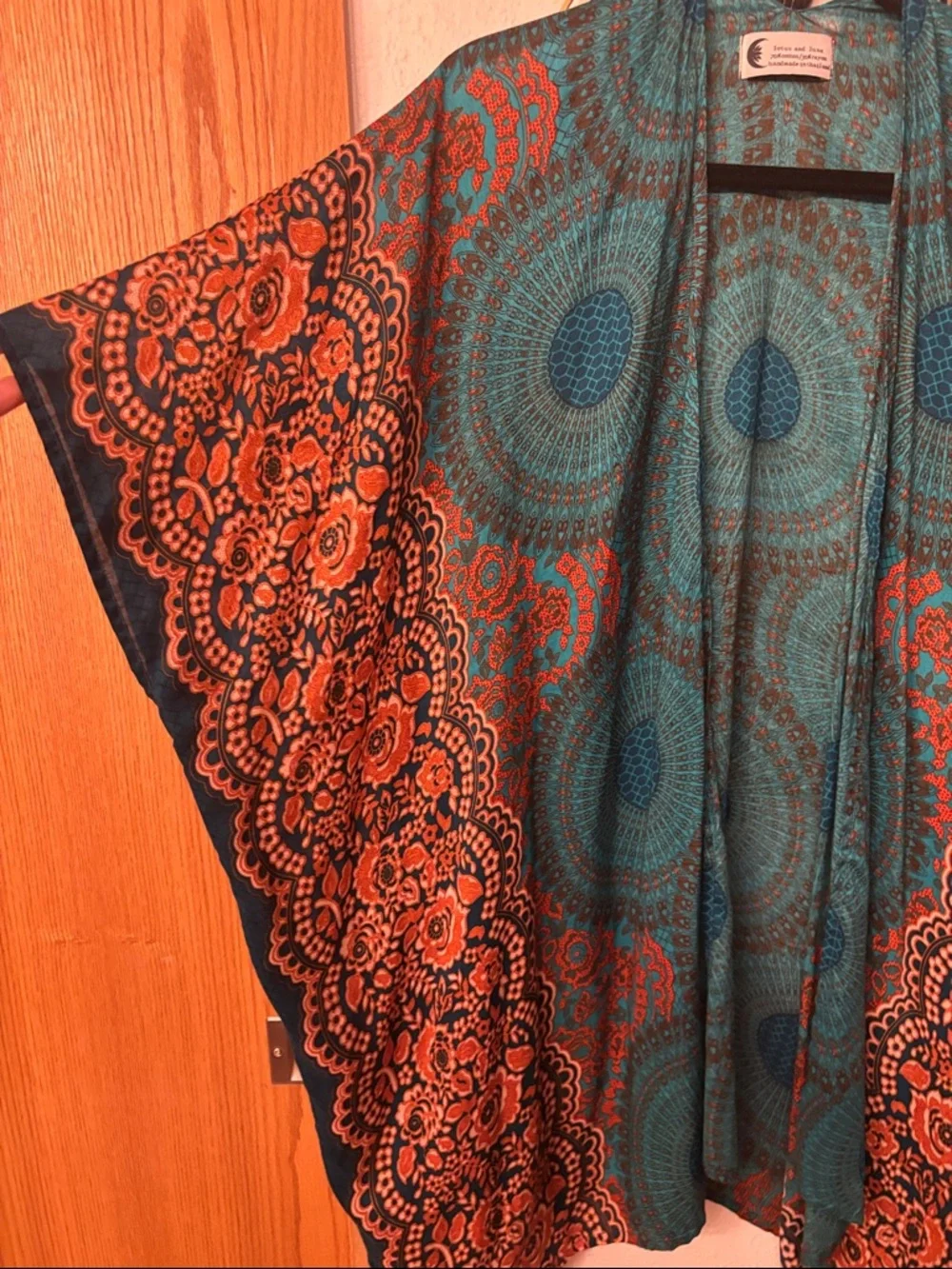 Boho Teal & Orange Printed Open-Front Tunic Kimono - Picture 3 of 4